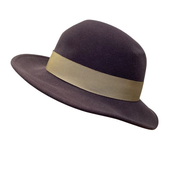 Adolfo Realites Purple Wool Fedora Hat With Beige Ribbon Bow Feather Accent - Picture 4 of 12